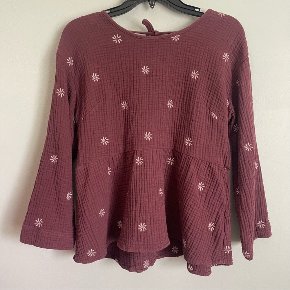 Madewell Embroidered Lightspun Peplum Open-Back Top Tie Back Mulberry Size S